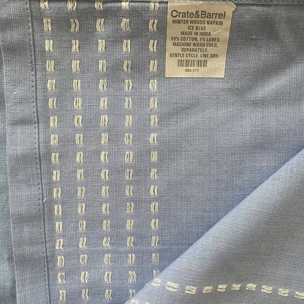 Crate &‎ Barrel Winter Woods Napkins Placemats 11pcs Ice Blue Cotton Embroidered